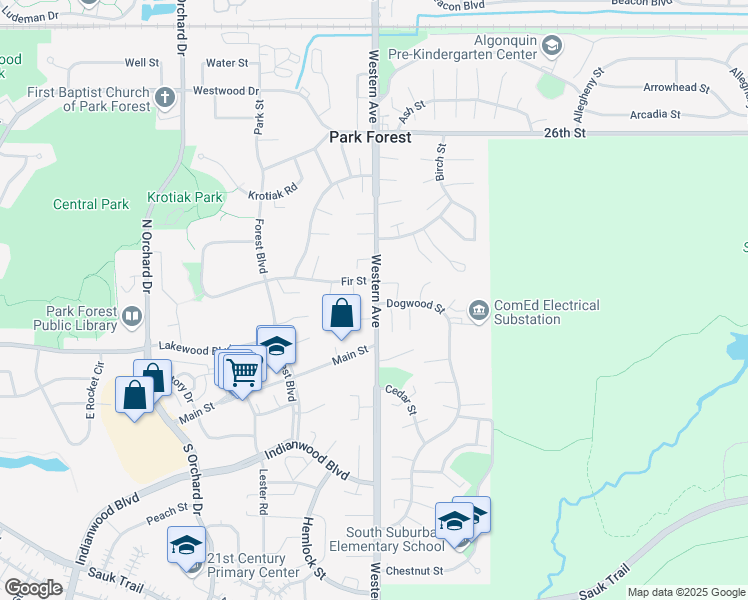 map of restaurants, bars, coffee shops, grocery stores, and more near 3030 Western Avenue in Park Forest