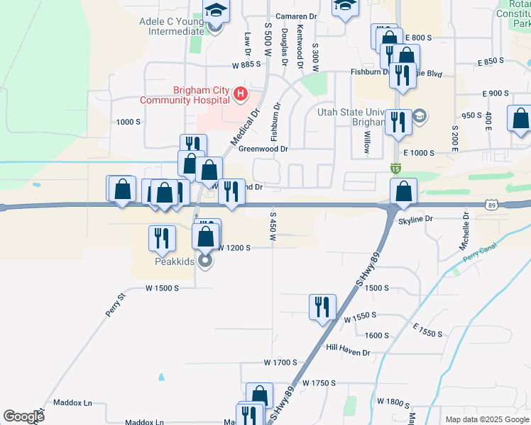 map of restaurants, bars, coffee shops, grocery stores, and more near 1124 450 West in Brigham City