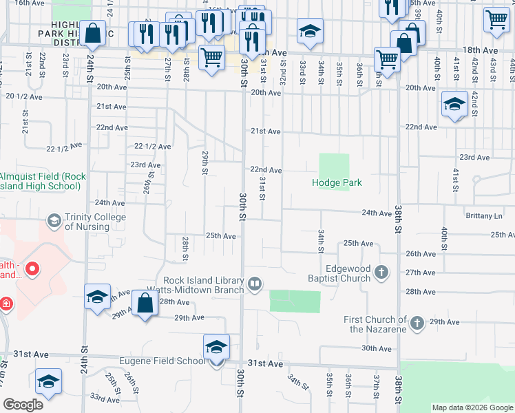 map of restaurants, bars, coffee shops, grocery stores, and more near 3014 25th Avenue in Rock Island
