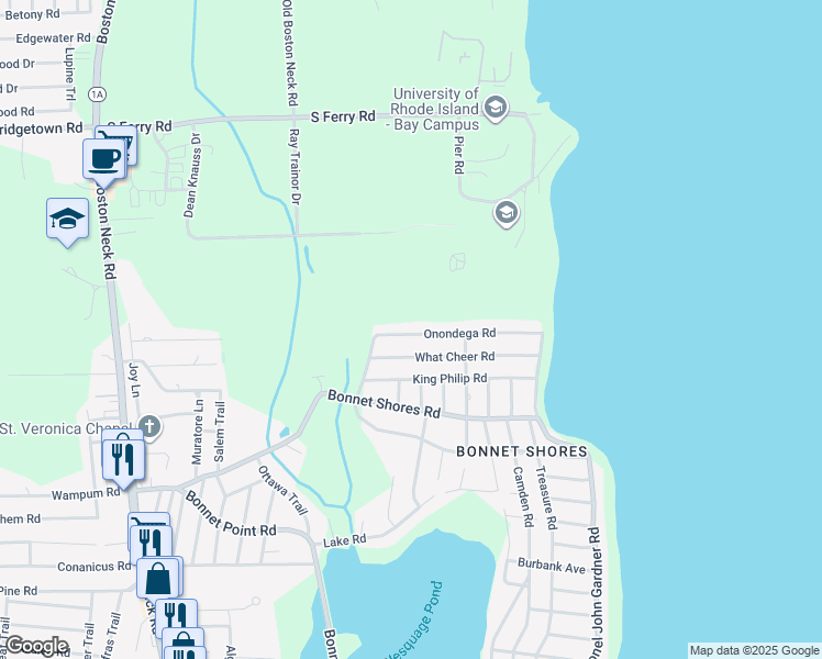 map of restaurants, bars, coffee shops, grocery stores, and more near 20 Onondega Road in Narragansett