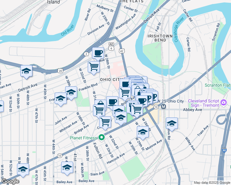 map of restaurants, bars, coffee shops, grocery stores, and more near 1750 West 28th Street in Cleveland