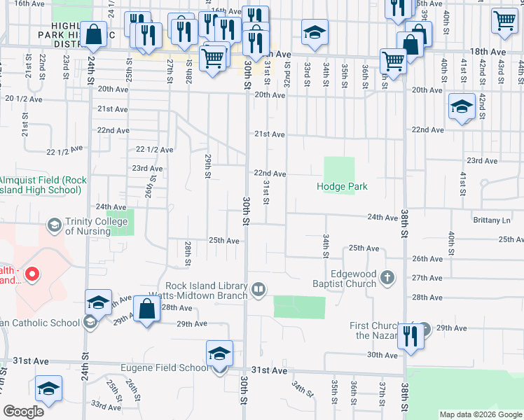 map of restaurants, bars, coffee shops, grocery stores, and more near 3014 25th Avenue in Rock Island