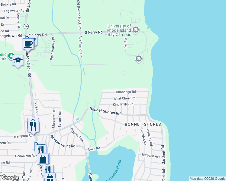 map of restaurants, bars, coffee shops, grocery stores, and more near 24 What Cheer Road in Narragansett