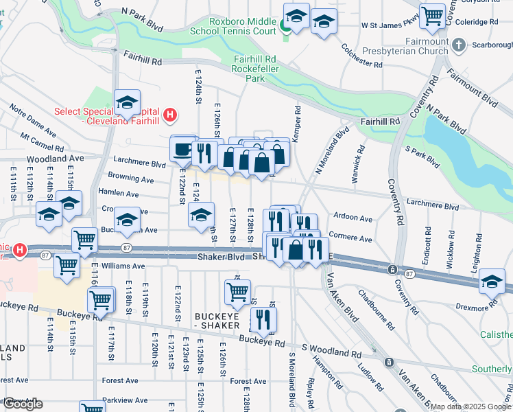 map of restaurants, bars, coffee shops, grocery stores, and more near 2671 East 128th Street in Cleveland