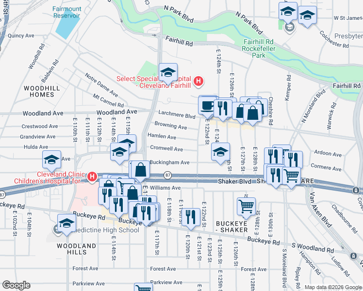map of restaurants, bars, coffee shops, grocery stores, and more near 11823 Buckingham Avenue in Cleveland