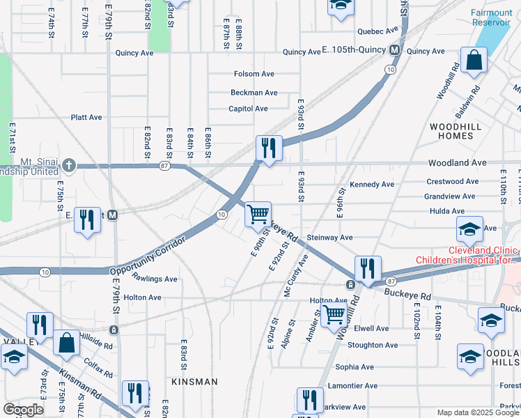 map of restaurants, bars, coffee shops, grocery stores, and more near 8910 Buckeye Road in Cleveland