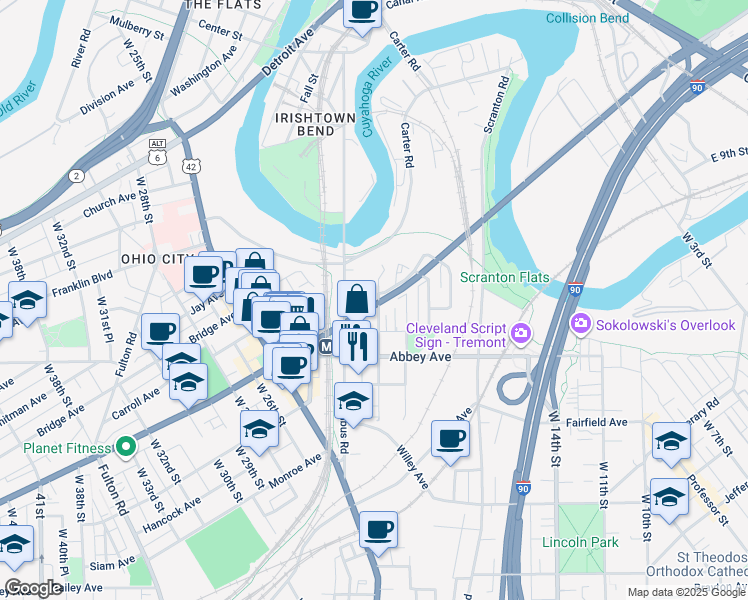 map of restaurants, bars, coffee shops, grocery stores, and more near 2041 West 20th Street in Cleveland