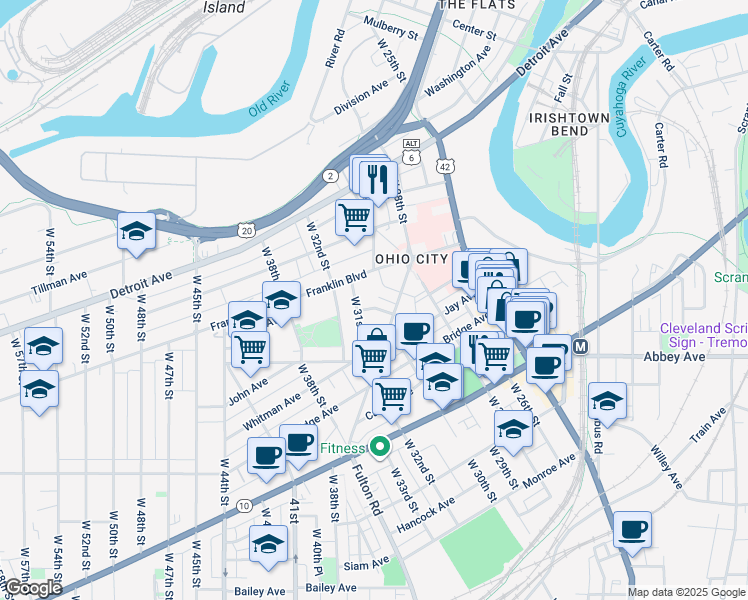 map of restaurants, bars, coffee shops, grocery stores, and more near 1760 Fulton Road in Cleveland