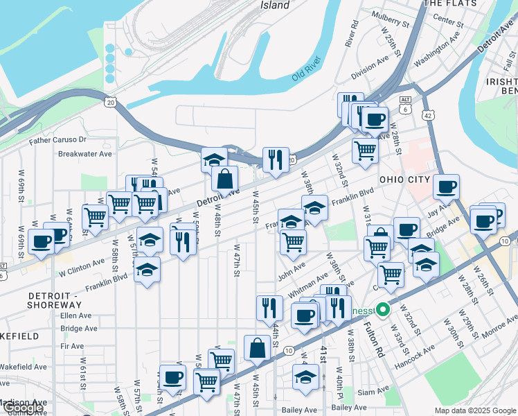 map of restaurants, bars, coffee shops, grocery stores, and more near 4410 Franklin Boulevard in Cleveland
