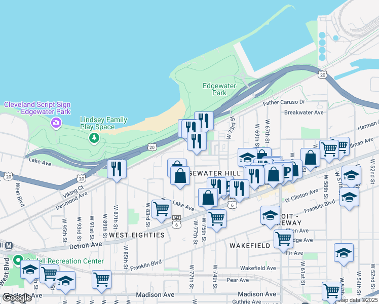 map of restaurants, bars, coffee shops, grocery stores, and more near 1274 West 76th Street in Cleveland