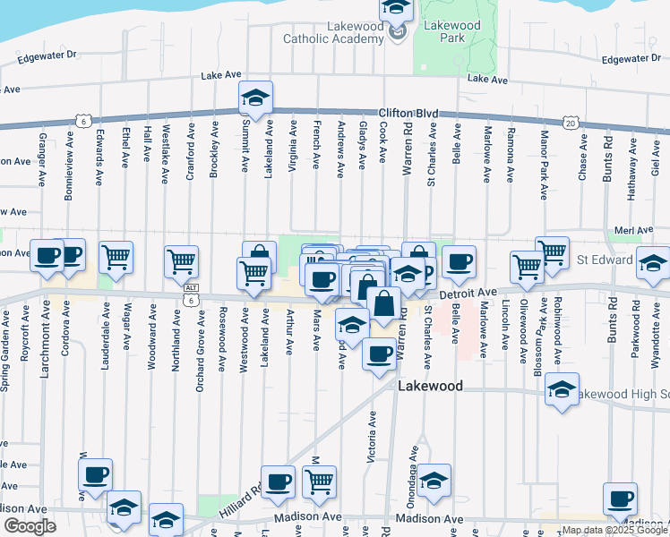 map of restaurants, bars, coffee shops, grocery stores, and more near 1385 Andrews Avenue in Lakewood