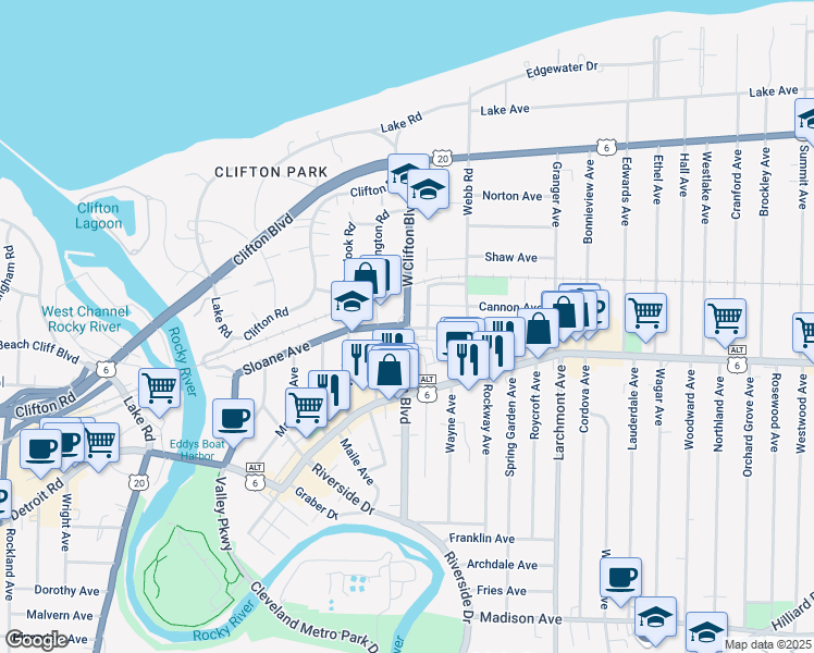 map of restaurants, bars, coffee shops, grocery stores, and more near 4 McKinley Place in Lakewood
