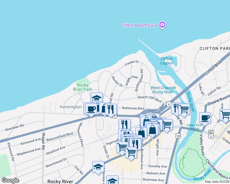 map of restaurants, bars, coffee shops, grocery stores, and more near 19890 Beach Cliff Boulevard in Rocky River