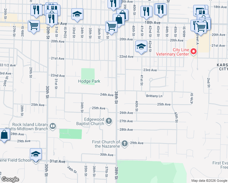 map of restaurants, bars, coffee shops, grocery stores, and more near in Rock Island