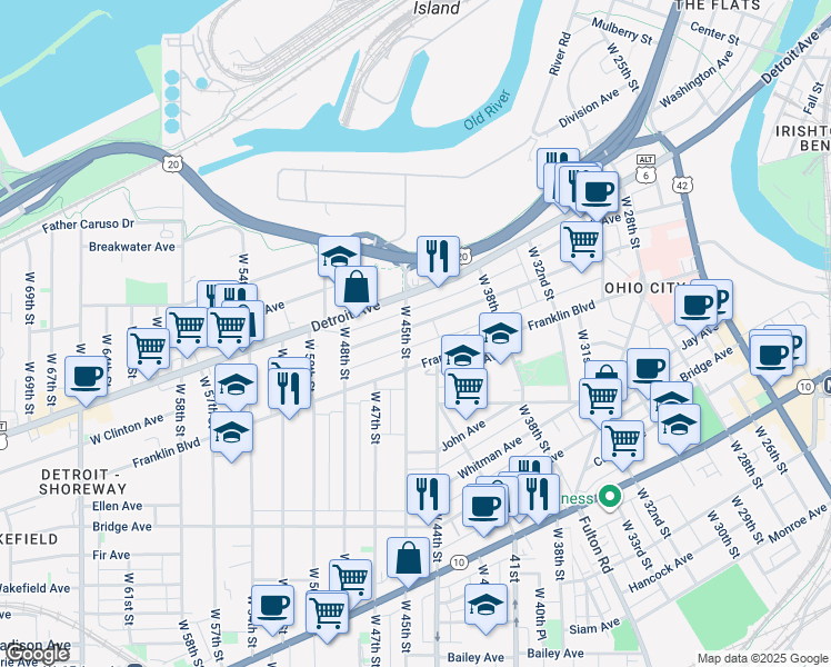 map of restaurants, bars, coffee shops, grocery stores, and more near 4410 Franklin Boulevard in Cleveland
