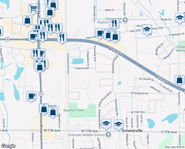 map of restaurants, bars, coffee shops, grocery stores, and more near 5 Hickory Place in Schererville