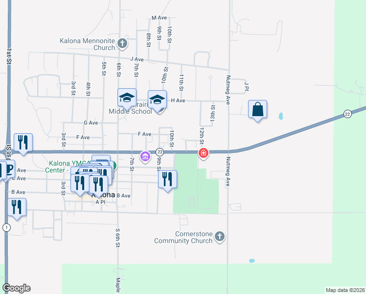 map of restaurants, bars, coffee shops, grocery stores, and more near 1001-1099 E Avenue in Kalona