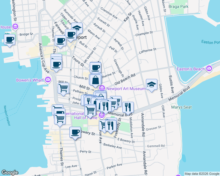 map of restaurants, bars, coffee shops, grocery stores, and more near 21 Tews Court in Newport