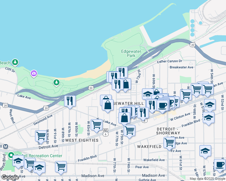 map of restaurants, bars, coffee shops, grocery stores, and more near 1250 West 76th Street in Cleveland