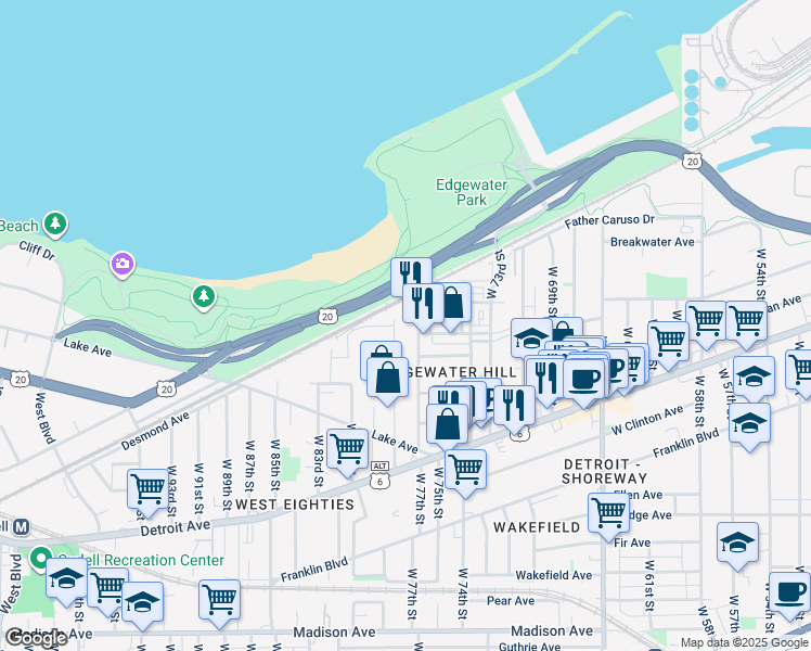 map of restaurants, bars, coffee shops, grocery stores, and more near 1250 West 76th Street in Cleveland