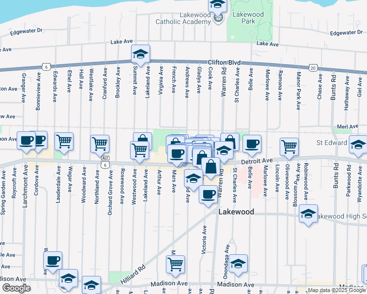 map of restaurants, bars, coffee shops, grocery stores, and more near 1385 Andrews Avenue in Lakewood
