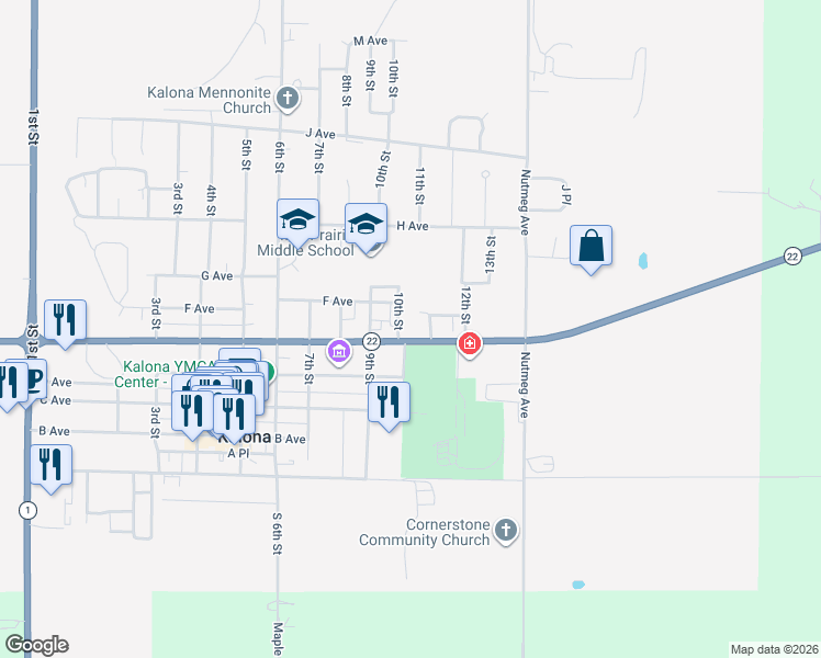 map of restaurants, bars, coffee shops, grocery stores, and more near 1001 E Avenue in Kalona
