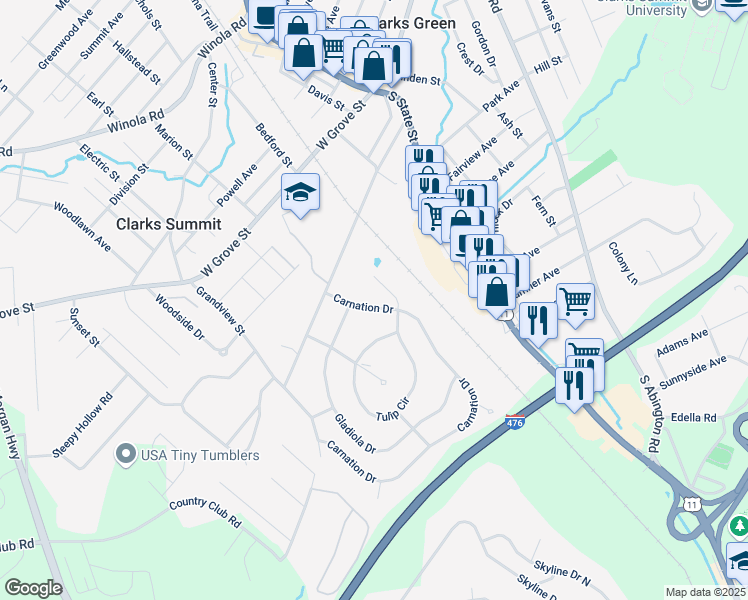 map of restaurants, bars, coffee shops, grocery stores, and more near 402 Tulip Circle in Clarks Summit