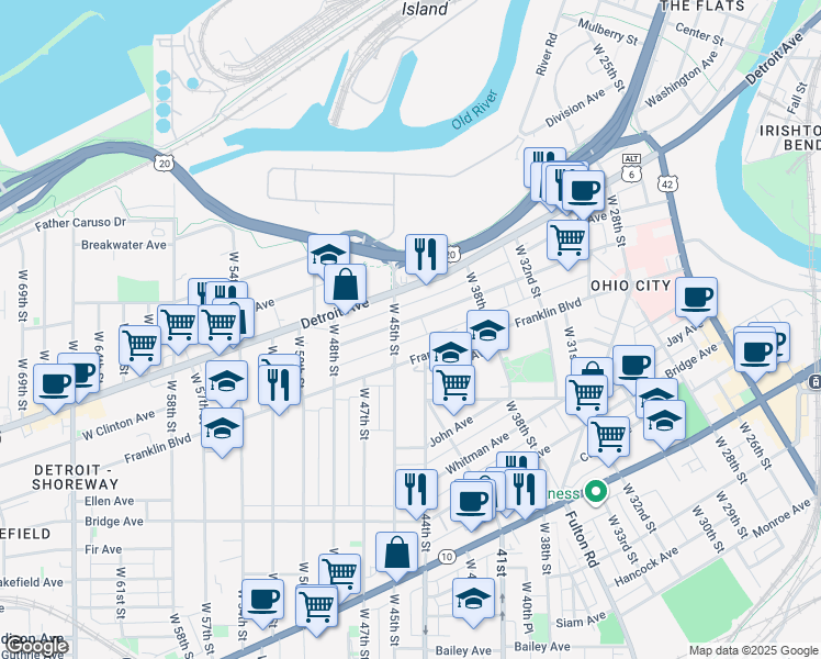 map of restaurants, bars, coffee shops, grocery stores, and more near 4410 Franklin Boulevard in Cleveland