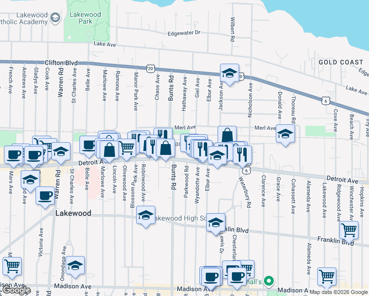 map of restaurants, bars, coffee shops, grocery stores, and more near 1381 Bunts Road in Lakewood