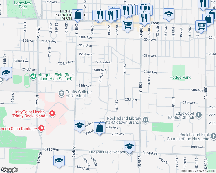 map of restaurants, bars, coffee shops, grocery stores, and more near 2613 24th Avenue in Rock Island