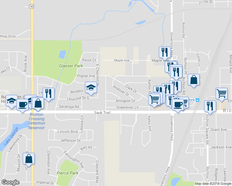 map of restaurants, bars, coffee shops, grocery stores, and more near 4316 Whitehall Lane in Richton Park