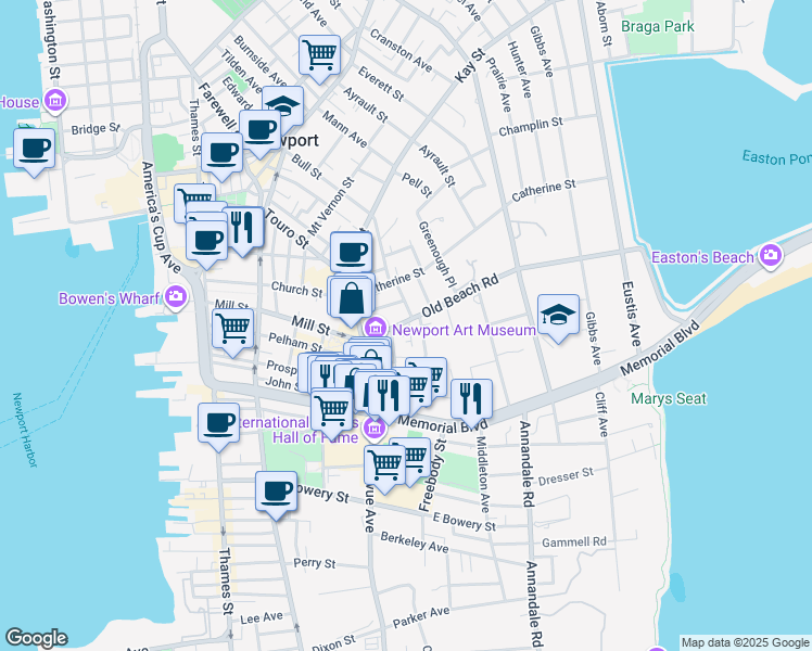 map of restaurants, bars, coffee shops, grocery stores, and more near 8 Cottage Street in Newport