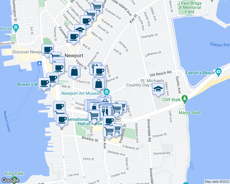 map of restaurants, bars, coffee shops, grocery stores, and more near 8 Cottage Street in Newport