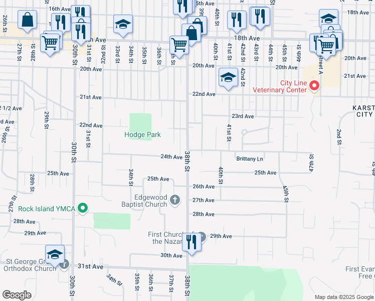 map of restaurants, bars, coffee shops, grocery stores, and more near 38th Street in Rock Island