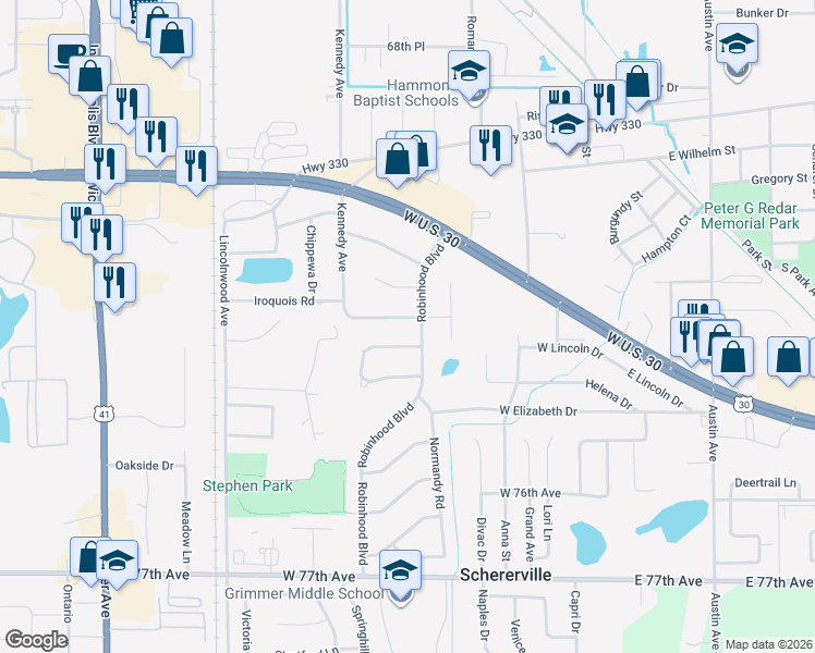 map of restaurants, bars, coffee shops, grocery stores, and more near 303 Nottingham Lane in Schererville