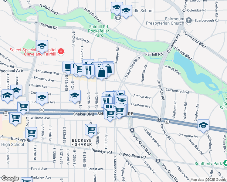 map of restaurants, bars, coffee shops, grocery stores, and more near 2636 North Moreland Boulevard in Cleveland