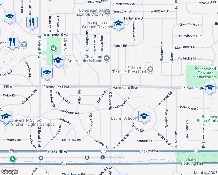 map of restaurants, bars, coffee shops, grocery stores, and more near 22975 Fairmount Boulevard in Shaker Heights