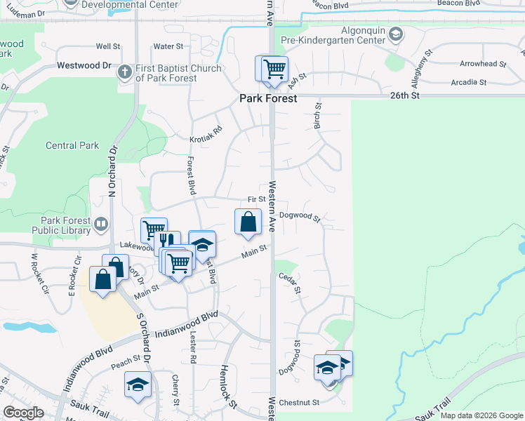 map of restaurants, bars, coffee shops, grocery stores, and more near 30 Fir Street in Park Forest