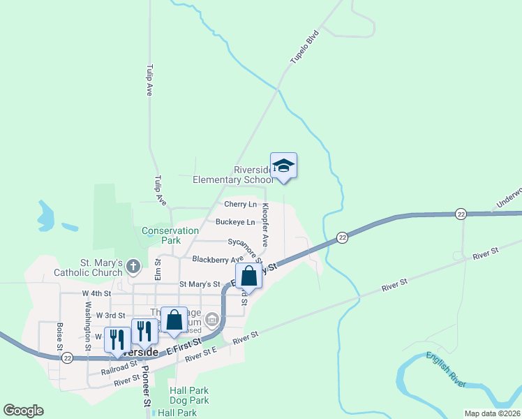 map of restaurants, bars, coffee shops, grocery stores, and more near 117 Kleopfer Avenue in Riverside