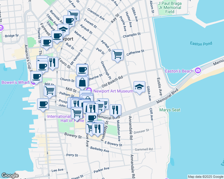 map of restaurants, bars, coffee shops, grocery stores, and more near 30 Old Beach Road in Newport