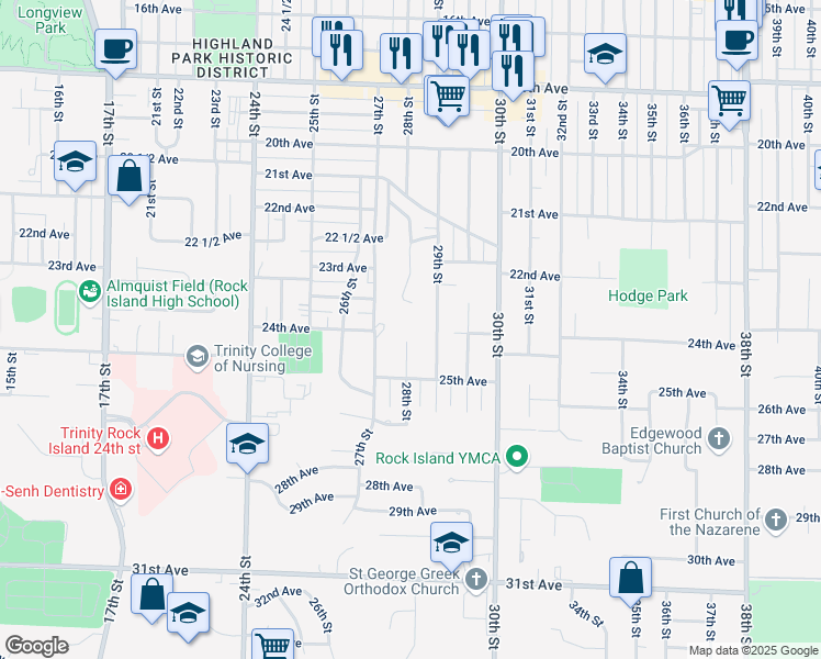 map of restaurants, bars, coffee shops, grocery stores, and more near 43-99 Hillcrest Ct in Rock Island