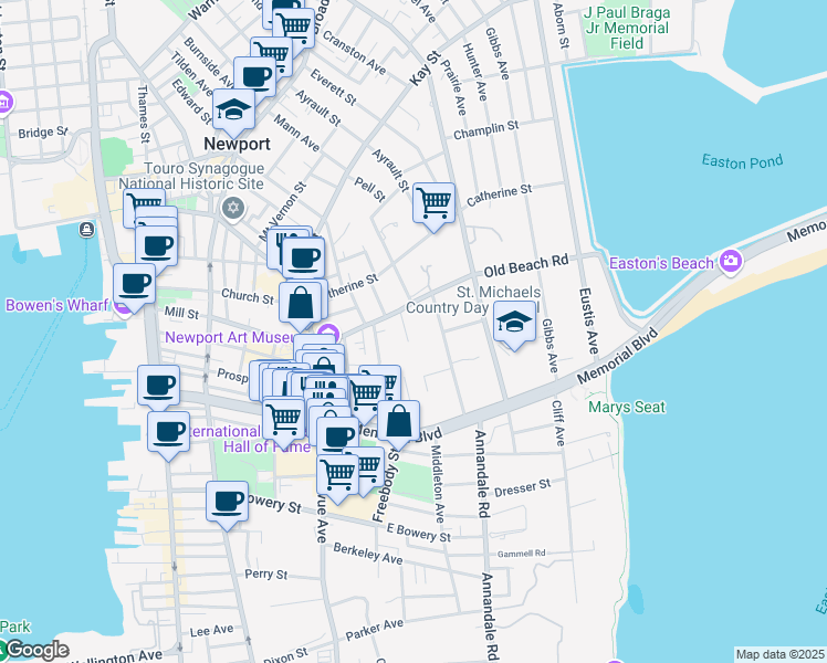 map of restaurants, bars, coffee shops, grocery stores, and more near 30 Old Beach Road in Newport