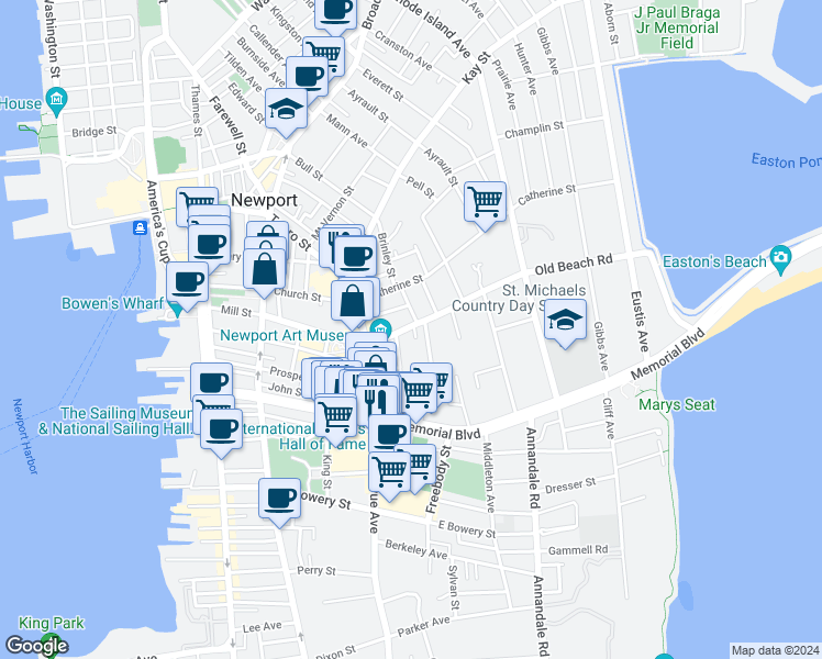 map of restaurants, bars, coffee shops, grocery stores, and more near 8 Cottage Street in Newport