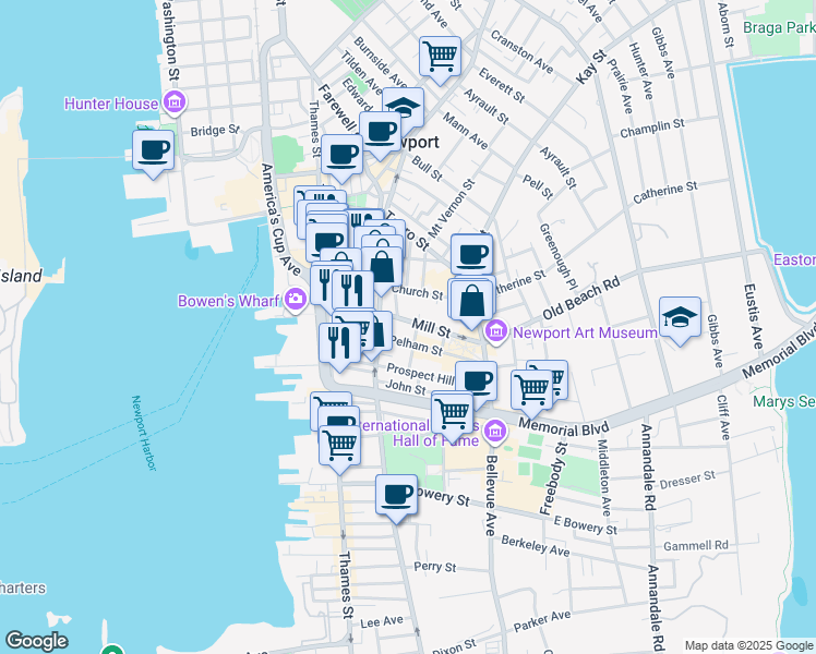 map of restaurants, bars, coffee shops, grocery stores, and more near 95 Church Street in Newport