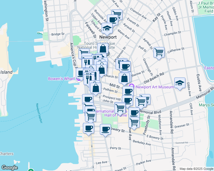 map of restaurants, bars, coffee shops, grocery stores, and more near 95 Church Street in Newport
