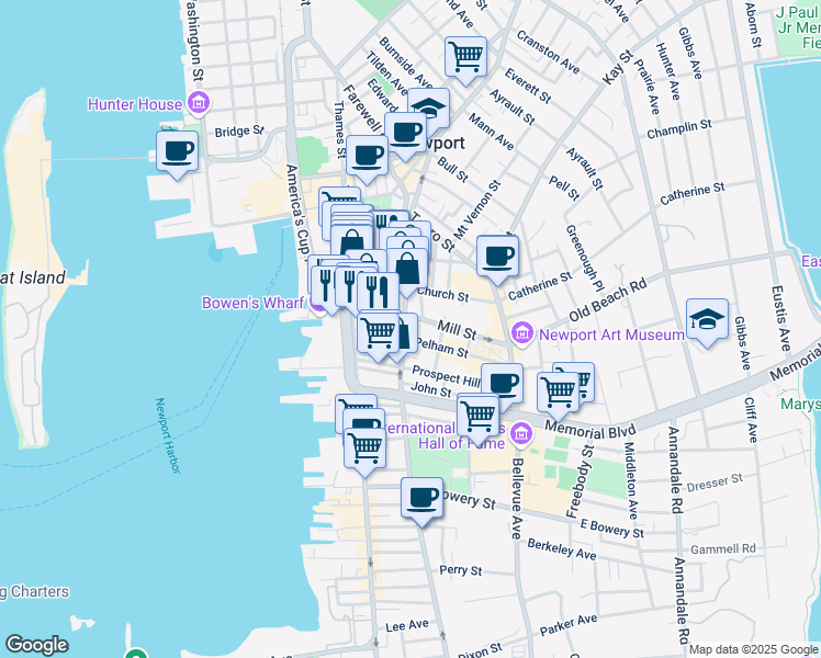 map of restaurants, bars, coffee shops, grocery stores, and more near in Newport
