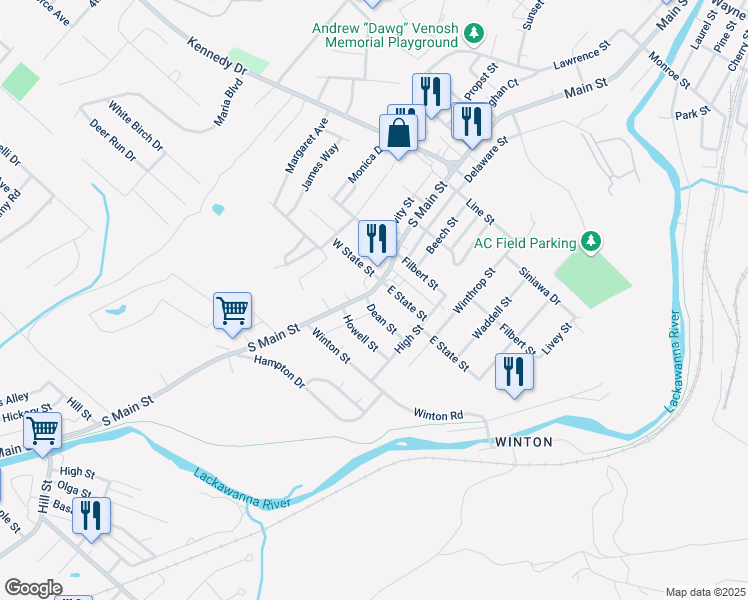 map of restaurants, bars, coffee shops, grocery stores, and more near in Archbald