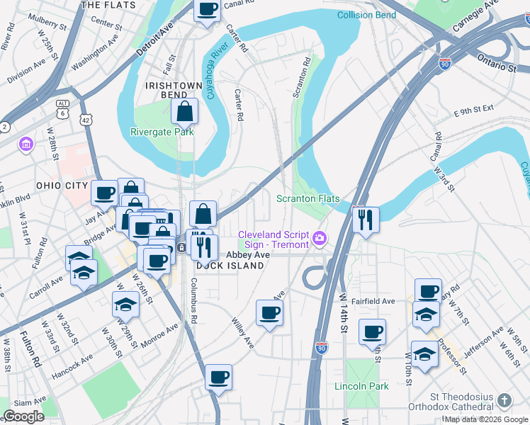 map of restaurants, bars, coffee shops, grocery stores, and more near 2070 West 17th Street in Cleveland