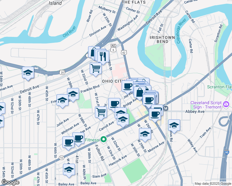 map of restaurants, bars, coffee shops, grocery stores, and more near in Cleveland