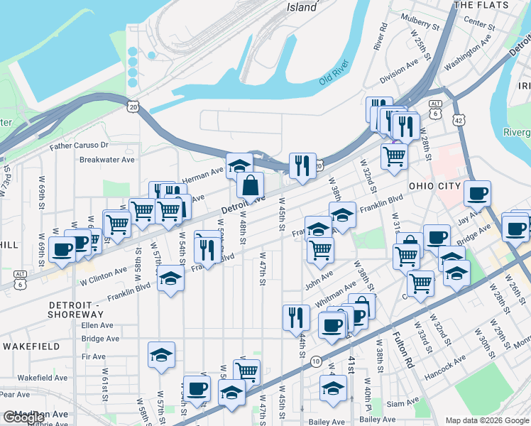 map of restaurants, bars, coffee shops, grocery stores, and more near 4529 Detroit Avenue in Cleveland